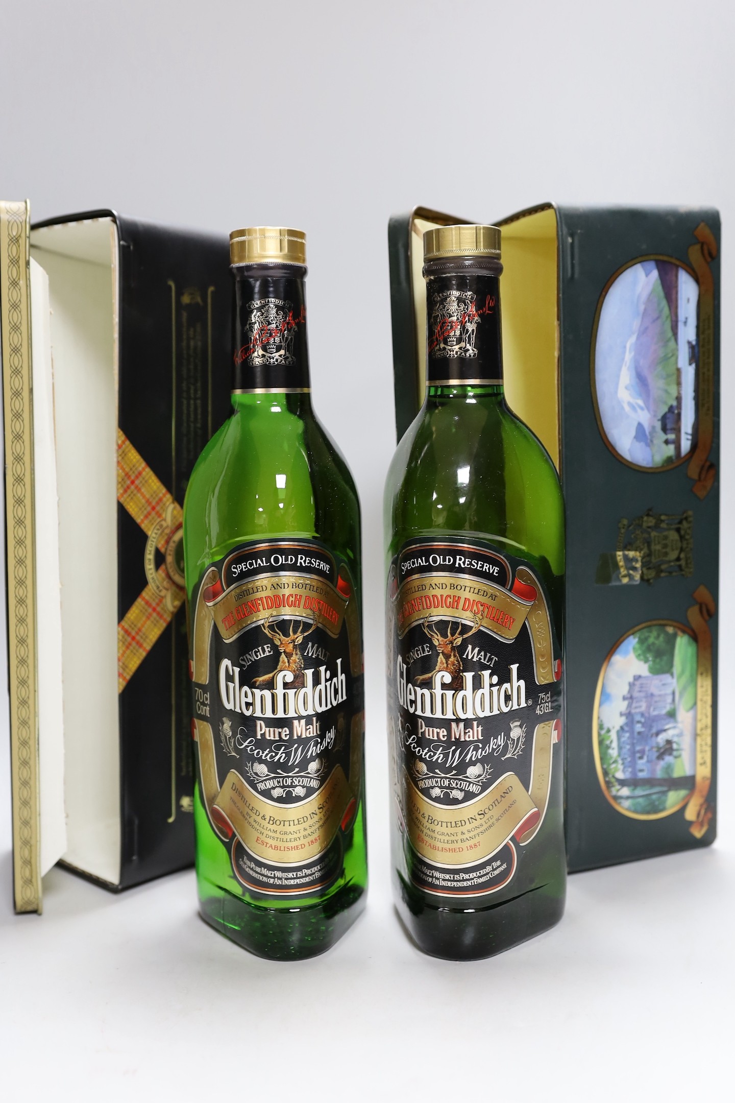 6 bottles of whisky/whiskey and brandy - 2 70cl bottles of Glenfiddich, 1 70cl bottle of Bushmills, a 70cl bottle of Jameson, a 50cl bottle of Black Mountain apple and blackcurrant brandy and a 35cl bottle of Teachers